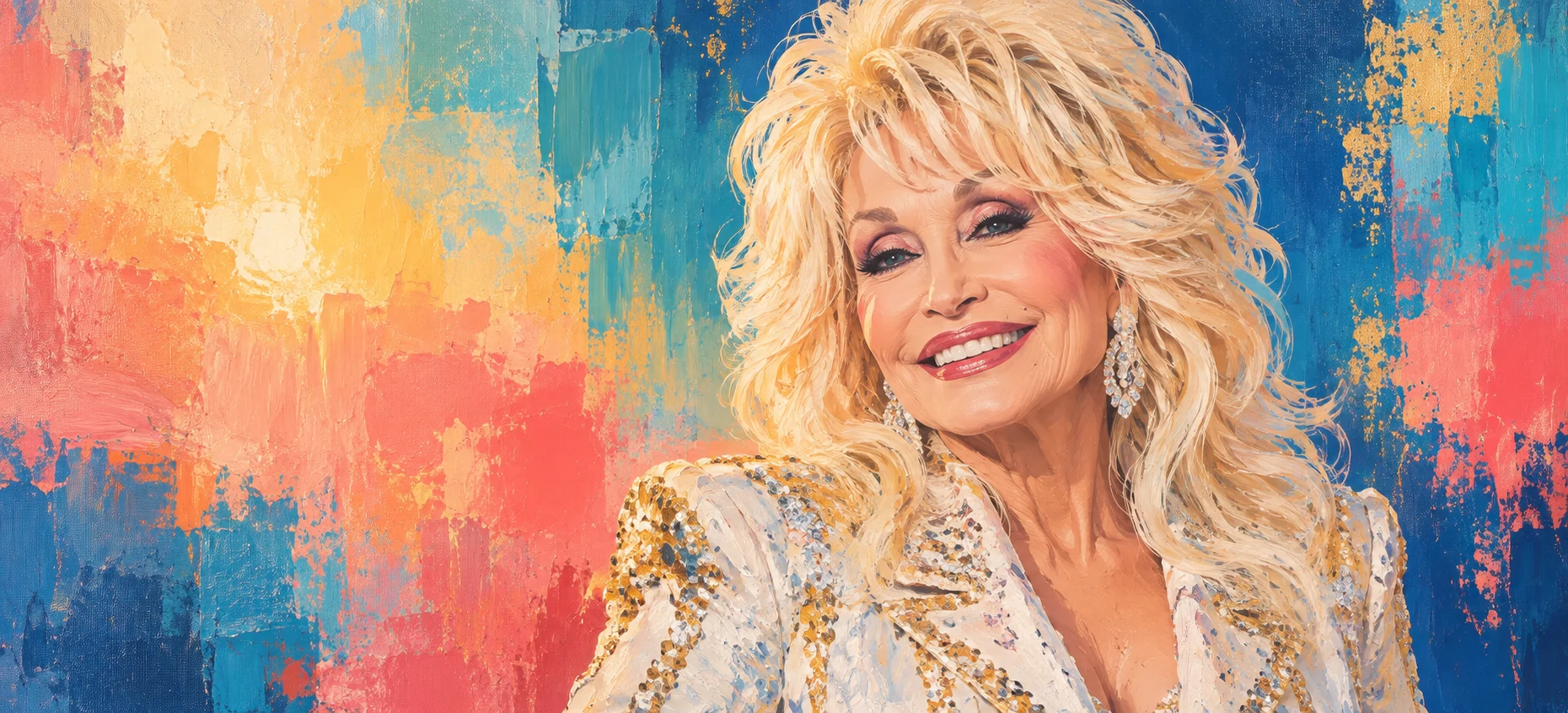 Painted portrait of Dolly Parton smiling against a coral, turquoise, and blue abstract background