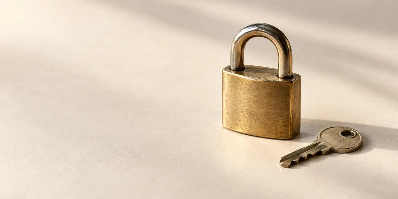 A closed brass padlock with a metal key beside it on a warm ivory surface.