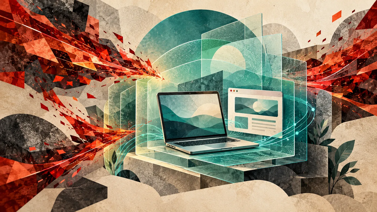 Editorial illustration of a laptop and website surrounded by layered teal defenses as rust-red data fragments approach.
