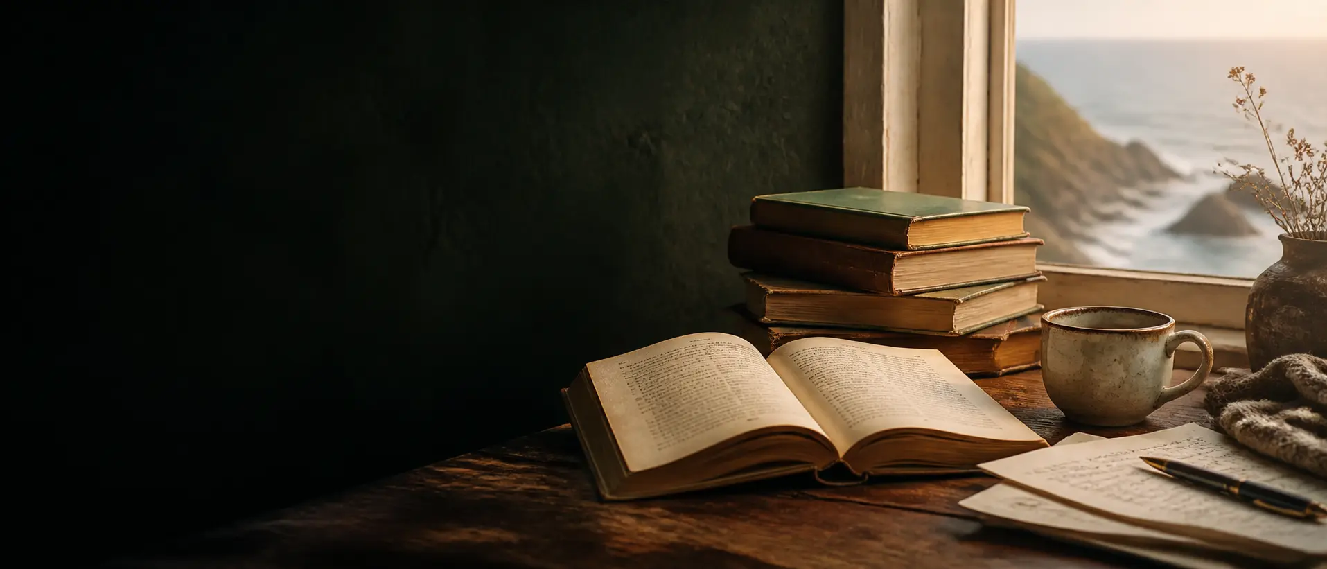 Open books and handwritten notes on a wooden table in a quiet room overlooking the coast