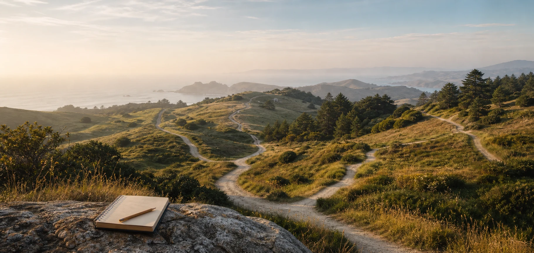 Multiple winding paths through a sunlit coastal landscape, with a notebook and pencil in the foreground
