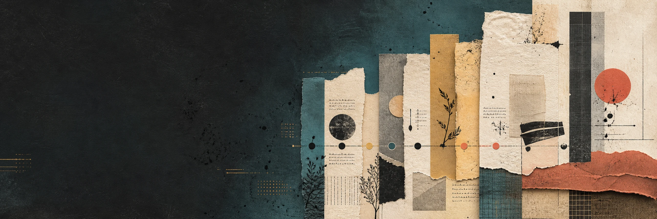 Layered paper panels arranged along a horizontal timeline