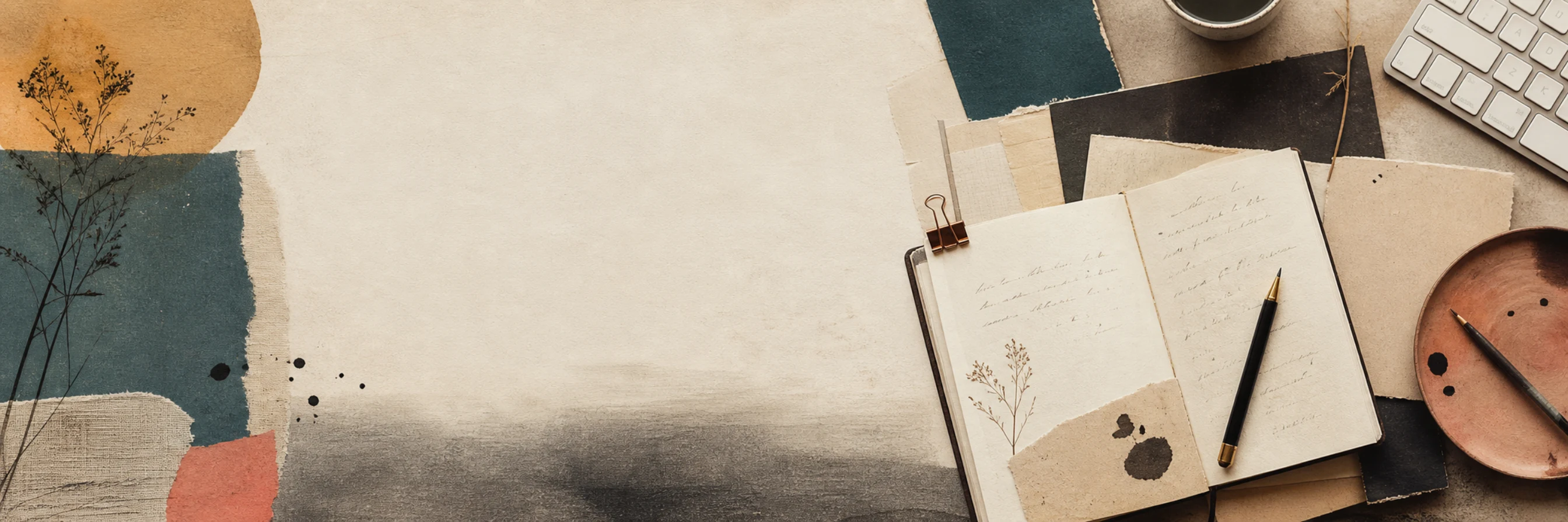 A notebook and simple tools arranged on a paper-covered desk