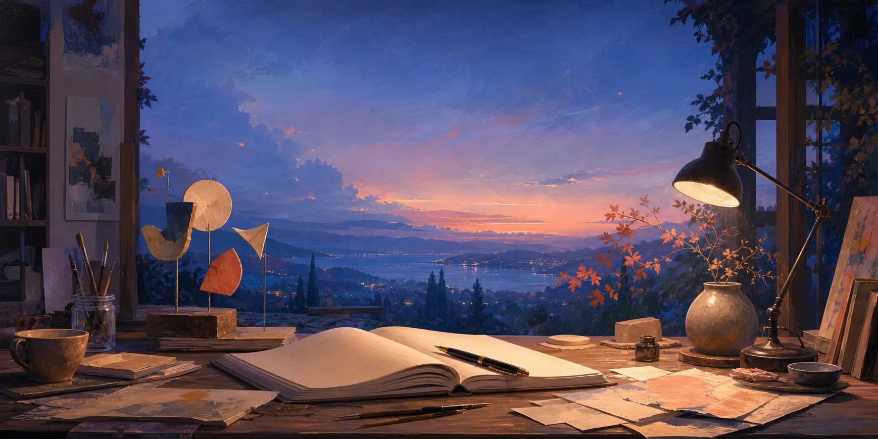 Painterly writer's studio with an open notebook, fountain pen, abstract sculptures, and a sunset landscape beyond the window