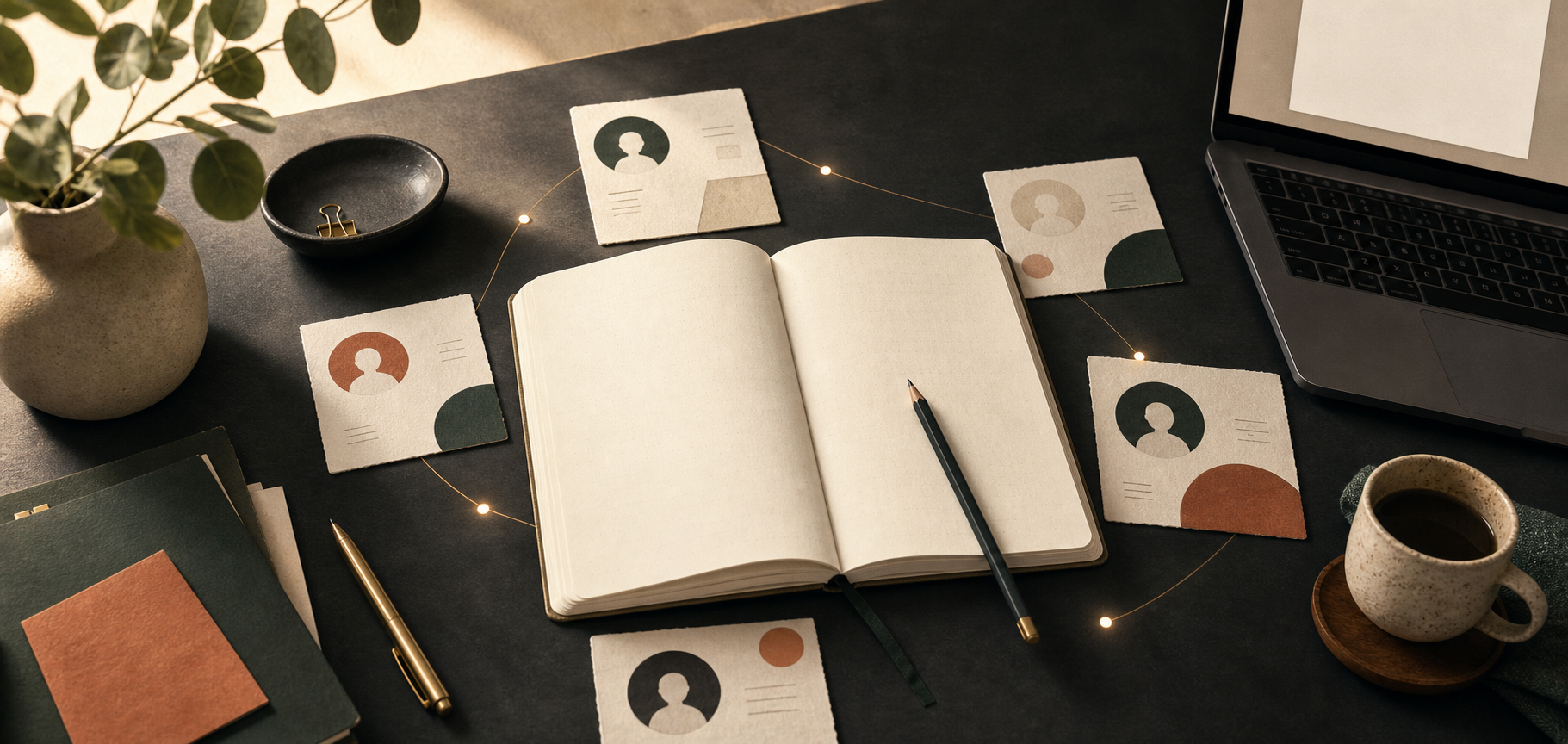 An open notebook surrounded by abstract contact cards and warm connecting lights on a quiet writing desk.