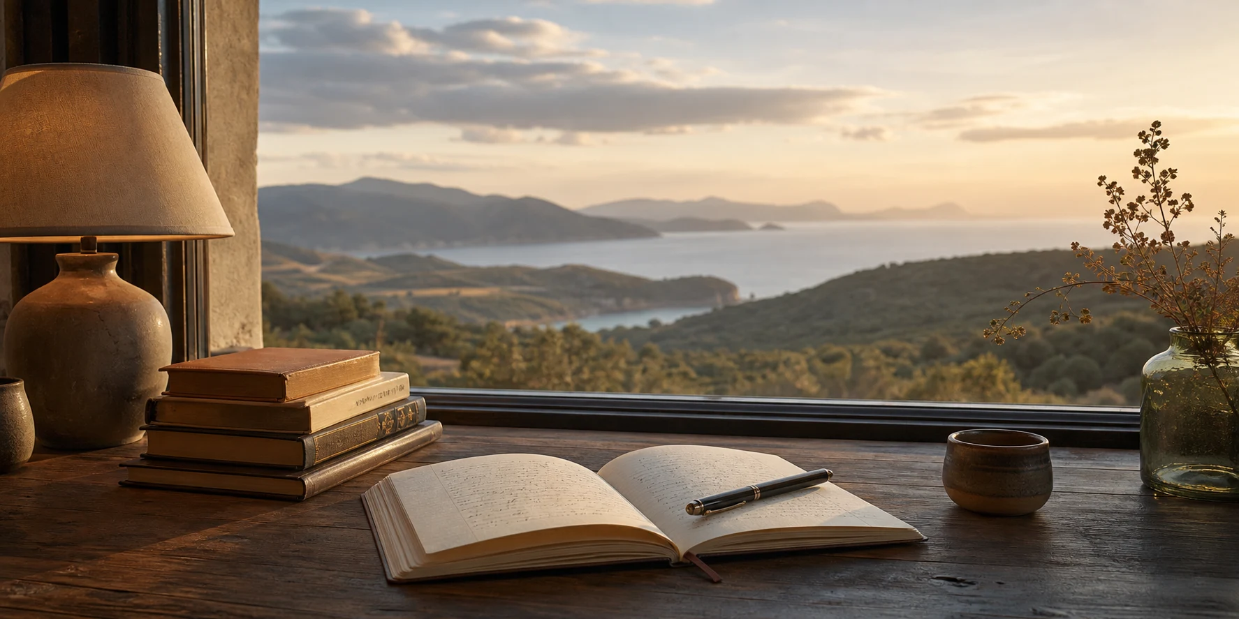 Open notebook and fountain pen on a writing table beside stacked books, a reading lamp, and a quiet coastal landscape