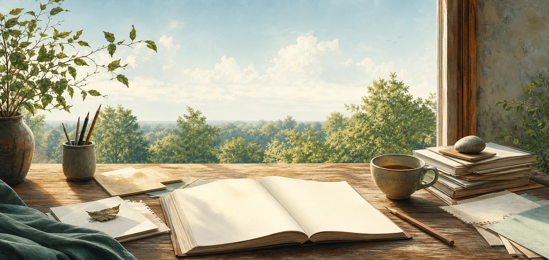 Quiet sunlit desk with one open notebook, loose papers, pencil, tea, and trees beyond the window