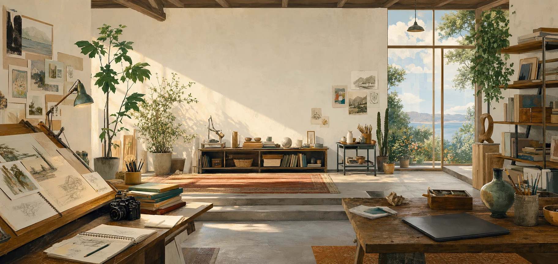Sunlit creative studio with sketches, books, a camera, handmade objects, and a view beyond the window