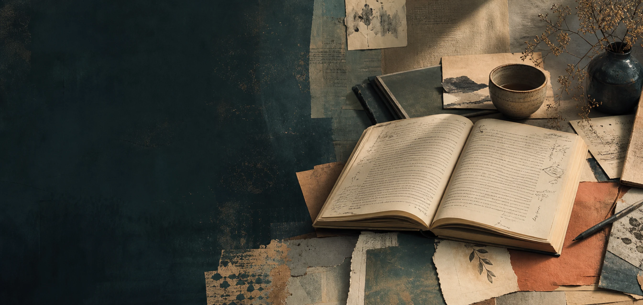 An open book and layered papers arranged on a reading desk