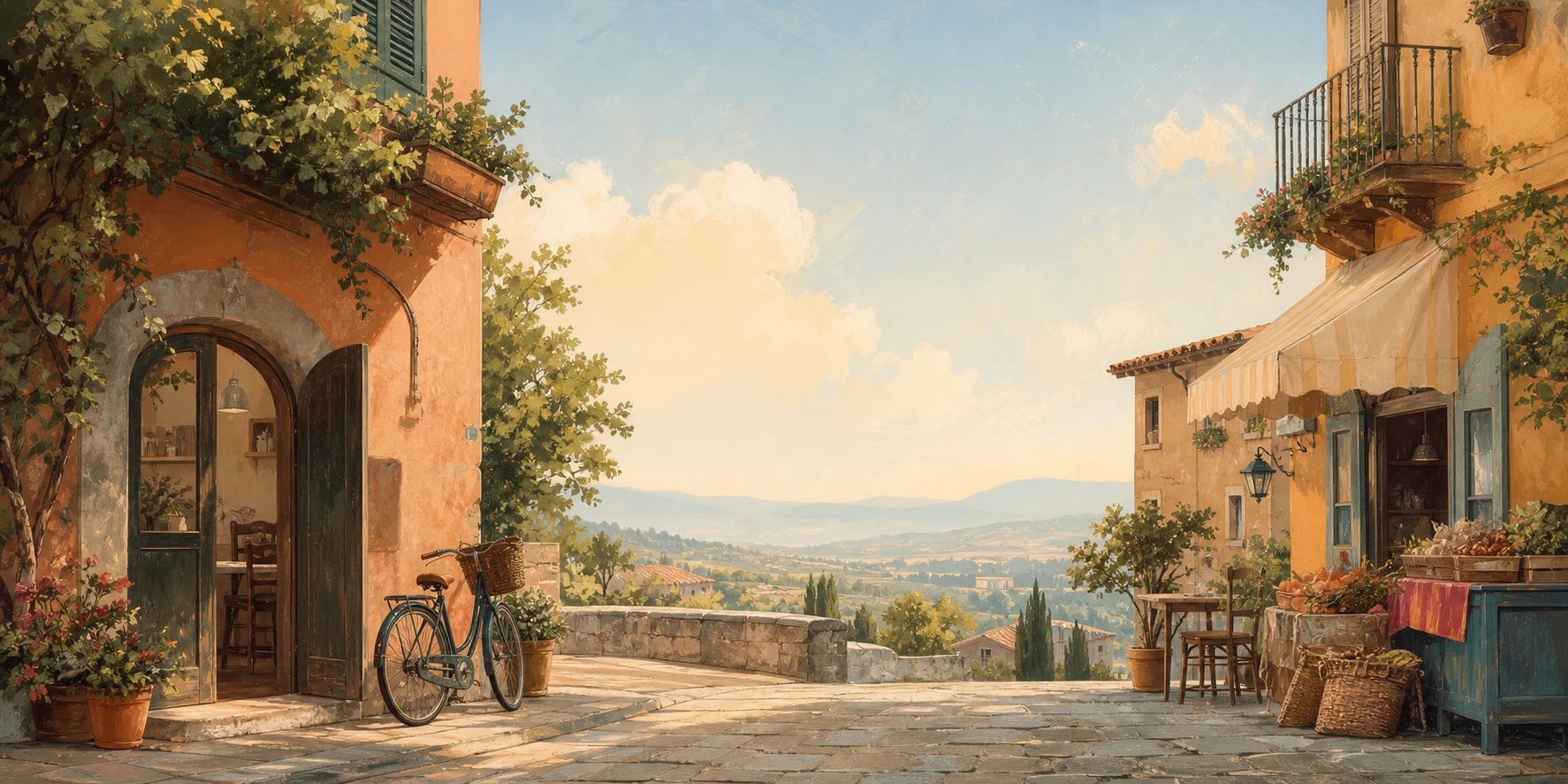 Sunlit old-town street with a bicycle, open café, market stall, and distant hills