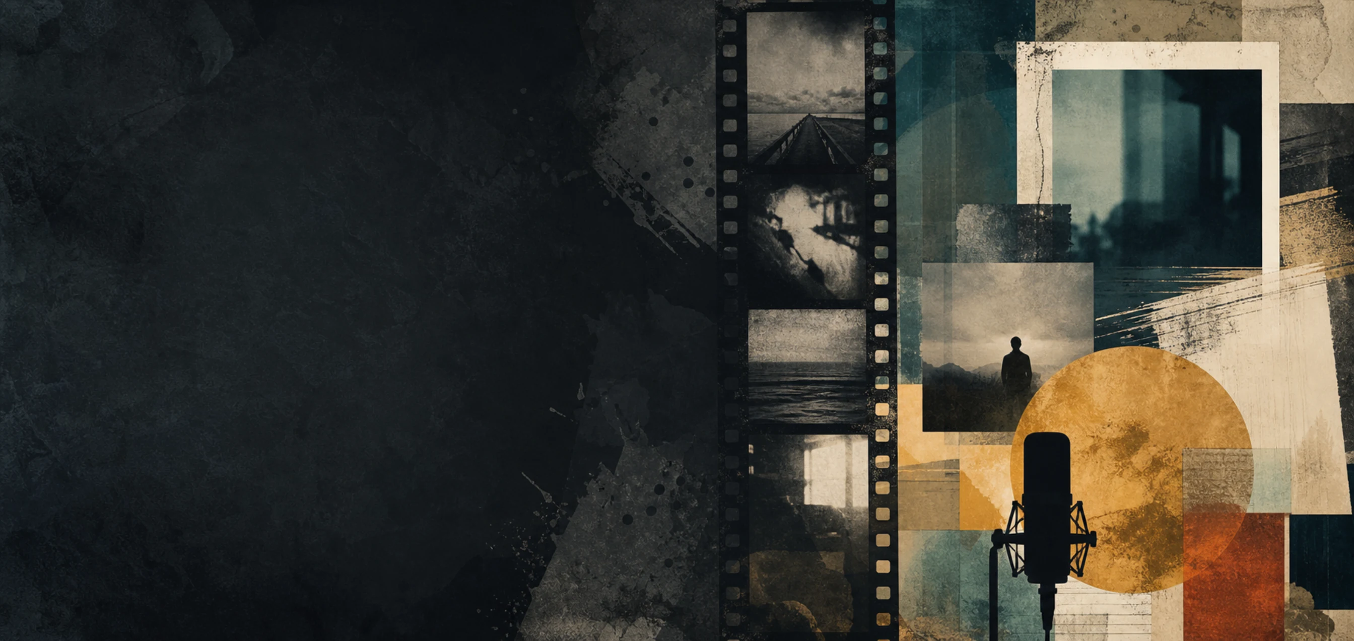 A mixed-media collage suggesting film, sound, and moving images