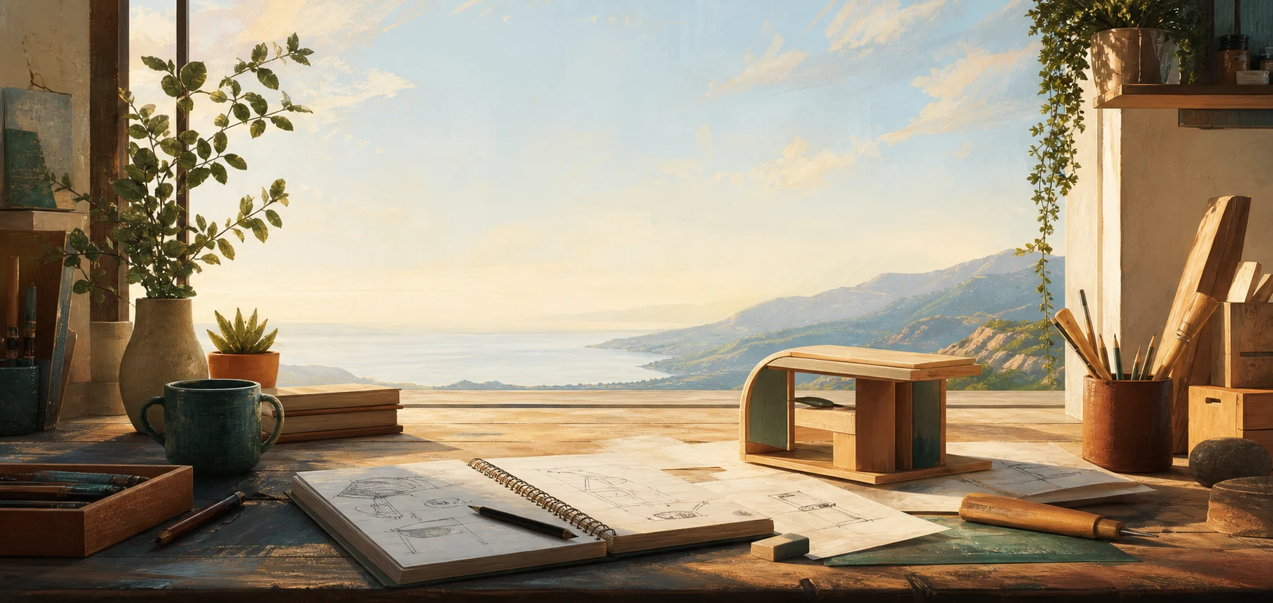 Sunlit workshop desk with an open sketchbook, tools, and a handmade wooden prototype overlooking a mountain lake
